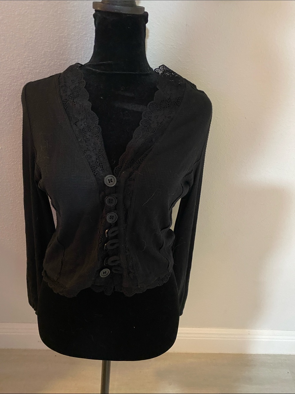 Free People Black Lace-Trim Button Cardigan
